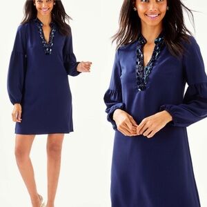 Lilly Pulitzer Blue Shea Stretch Tunic Dress Size 2 Navy Long Sleeve